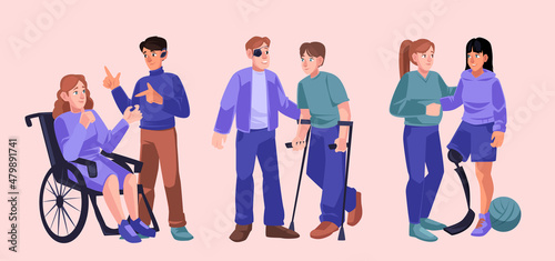 People with diverse disabilities, physical incapacities. Vector set of flat illustrations with men and women in wheelchair, with crutch, leg prosthesis, hearing aid and bandage on eye