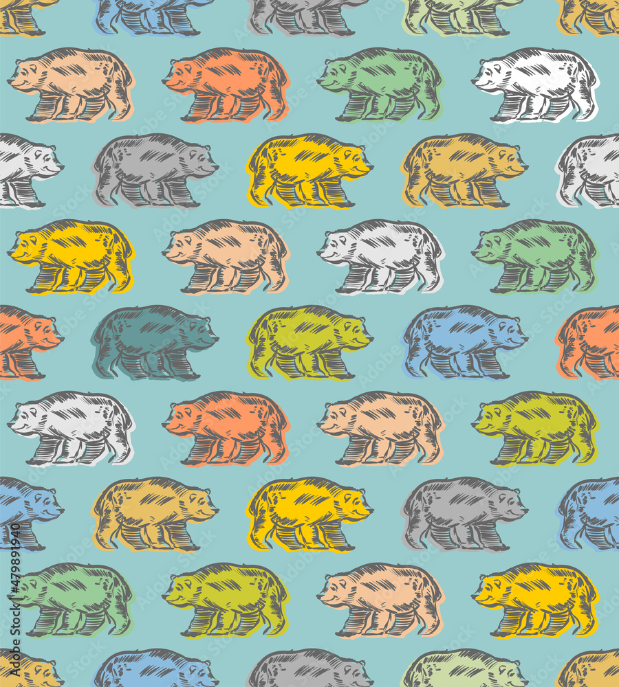Bear Hand drawing pattern seamless. Multicolored Beast engraving background. vector texture