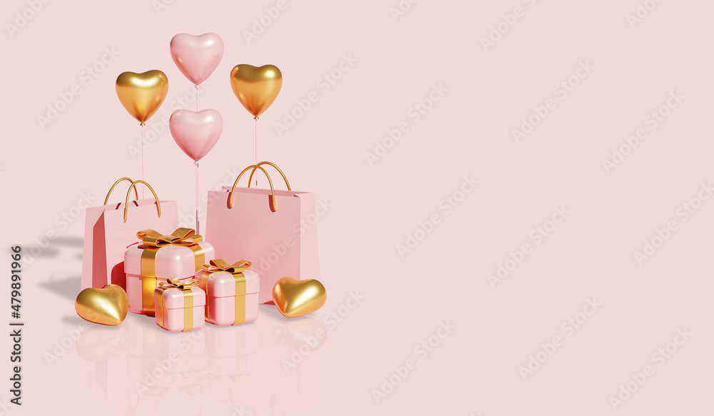 Happy Valentine's Day Sale Banner with Gift Box and Shopping Bag. 3d Rendering
