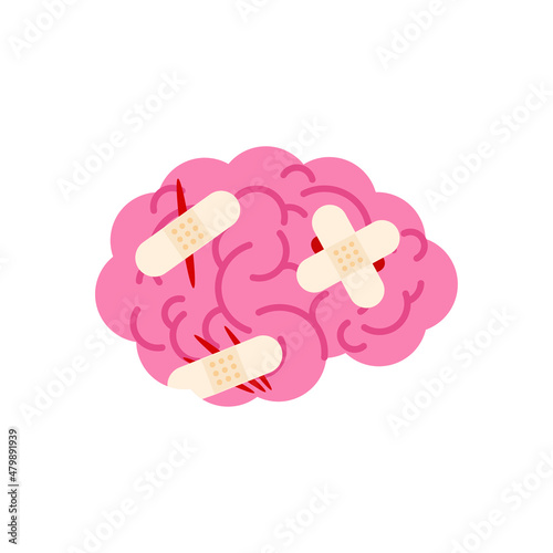 Sick brain with bandages. Wounded brains with plaster