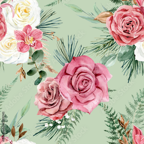 Watercolor floral seamless pattern. Dusty pink, white, roses, peonies, greenery, eucalyptus on a green background, suitable for digital scrapbooking, fabrics, invitations, weddings