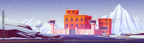 Prison, jail with fence, red brick walls and watchtowers in winter. Vector cartoon landscape with building for guard prisoners and criminal convicts, white mountains and snow