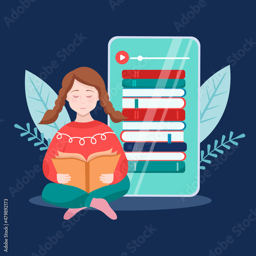 A girl is reading a book. Library of books on a smartphone. Listening to audiobooks through the app. Vector illustration in cartoon style on a dark background.