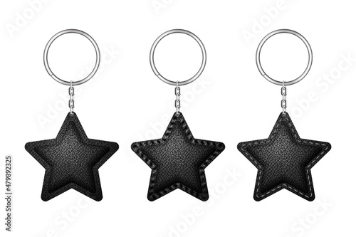 Leather star shape keychain, holder trinket for key with metal ring.