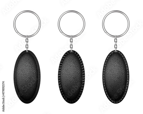 Leather oval keychain, holder trinket for key with metal ring.