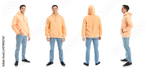 Set of young man in stylish hoodie on white background