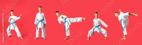 Little boy practicing karate on color background