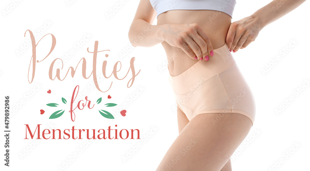 Young woman wearing panties for menstruation on white background - obrazy, fototapety, plakaty 