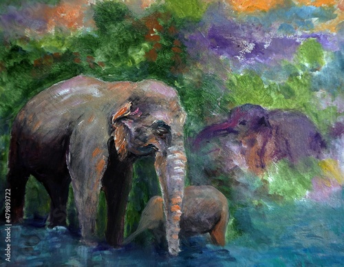 Art painting Oil color Elephant family thailand , nature  © Kwang Gallery