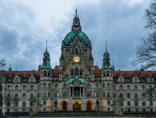 Hanover - Germany - December 2016 – View of the New Town Hall (Neues Rathaus), a castle-like building outside of the historic city center, housing businesses and the registry office