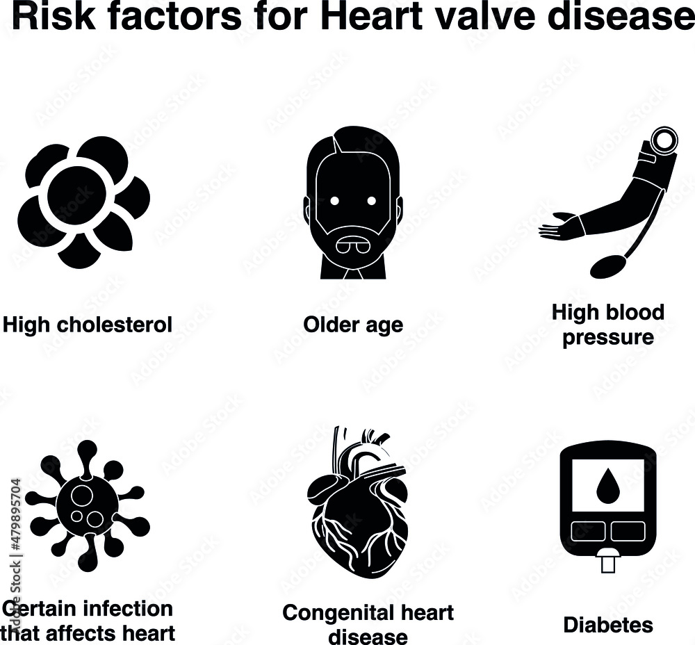 Black and white risk factors, heart valve disease flat vector icon