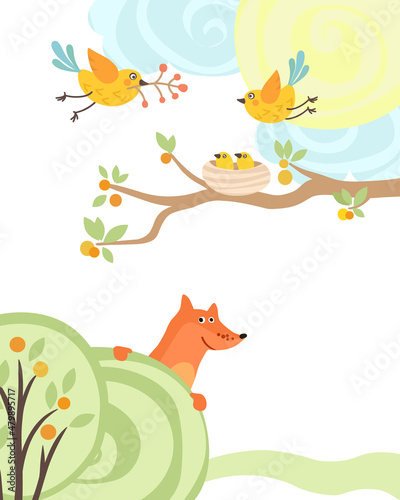 Illustration of a fox hiding behind a bush and watching chicks in the nest.