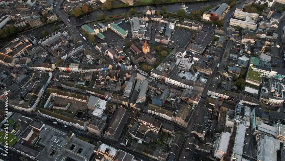Aerial view of downtown Galway, Ireland, St Nicholas Collegiate Church and neighborhood on sunny autumn morning sun, tilr down drone shot Aerial view of downtown Galway, Ireland, St Nicholas Collegiate Church and neighborhood on sunny autumn morning sun, tilr down drone shot