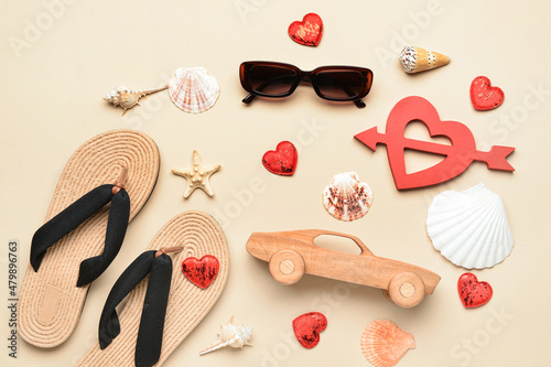 Wooden car, flip flops, hea...