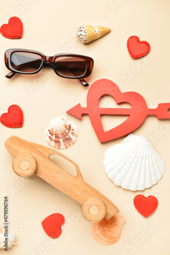 Wooden car, hearts, sunglas...