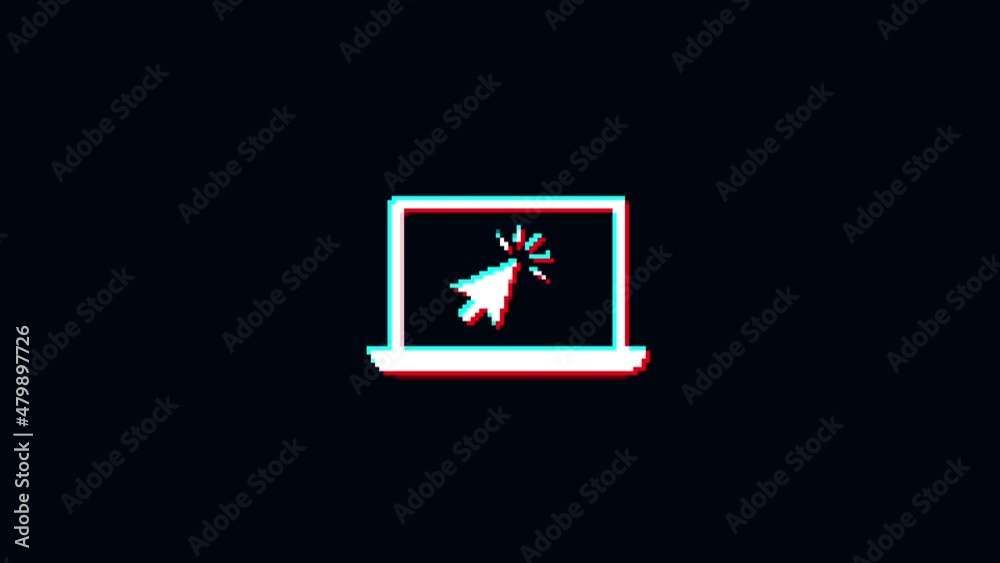 pixel Glitch laptop and click icon animated. isolated on black background. digital glitch effect. 4K video. cool effect. pixel Glitch laptop and click icon animated. isolated on black background. digital glitch effect. 4K video. cool effect.