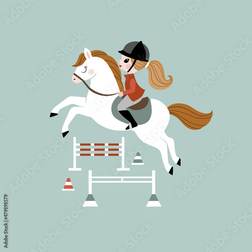 Horse riding girl and equipment. Perfect for tee shirt logo, greeting card, poster, invitation or print nursery design.