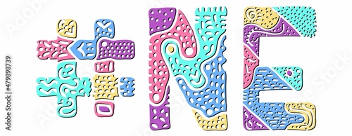 NE Hashtag. Multicolored bright isolate curves doodle letters. Hashtag #NE is abbreviation for the US American state Nebraska for social network, web resources, mobile apps.