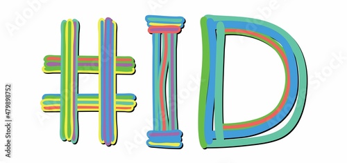 ID Hashtag. Multicolored bright isolate curves doodle letters. Hashtag #ID is abbreviation for the USA state Idaho for social network, web resources, mobile apps.