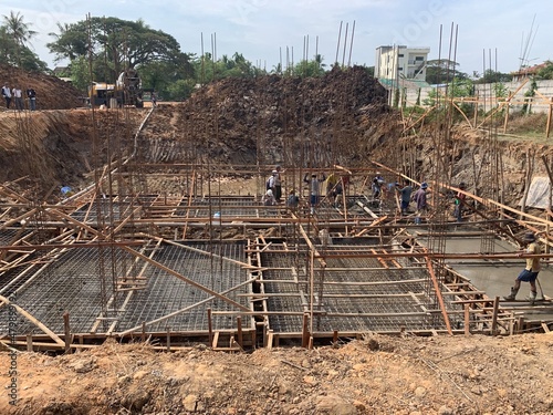 Footing casting work for foundation at a construction in Pathein, Myanmar