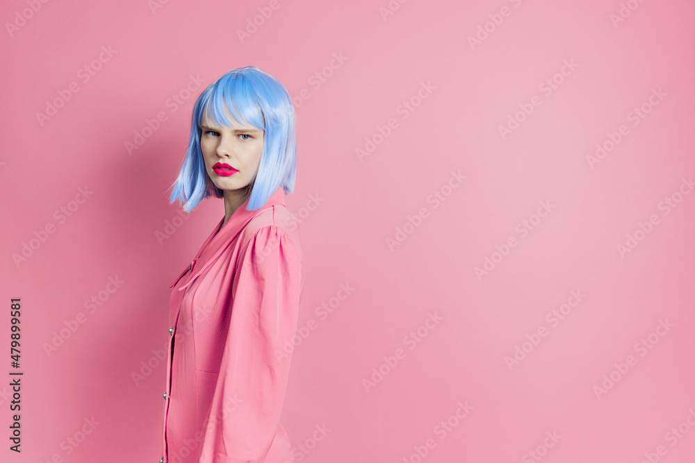 portrait of a woman wears a blue wig makeup isolated background portrait of a woman wears a blue wig makeup isolated background