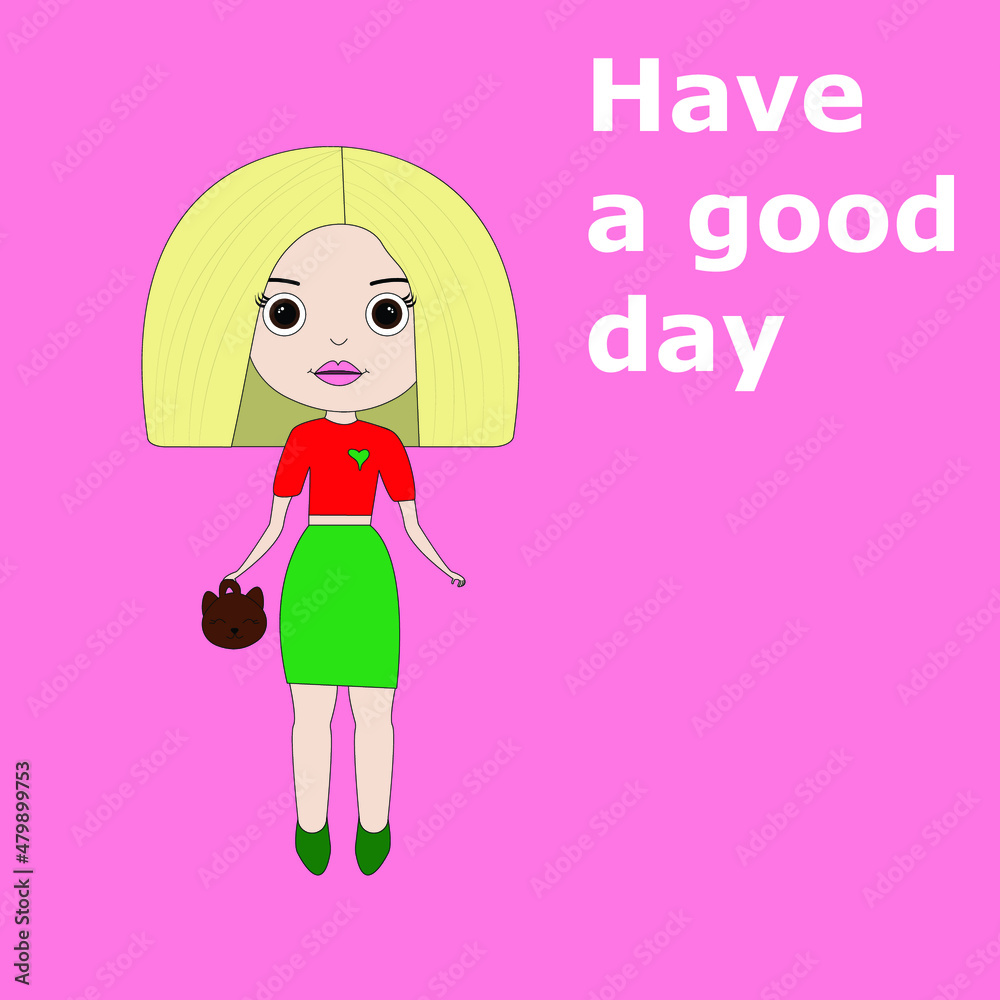 Cartoon doll with blond hair and a funny bag on a monochrome background. cute little doll princess, design for children. Have a good day Cartoon doll with blond hair and a funny bag on a monochrome background. cute little doll princess, design for children. Have a good day