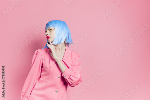 portrait of a woman wears a blue wig makeup Lifestyle posing