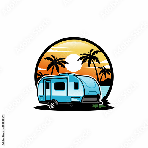 Canvas camper trailer, caravan trailer camping in the beach illustration vector