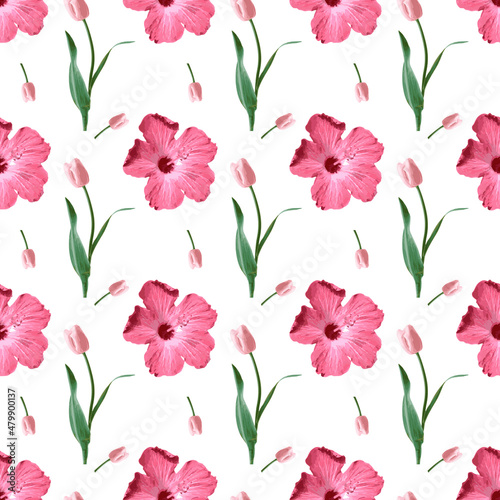 Hibiscus flower and buds Seamless Pattern Design