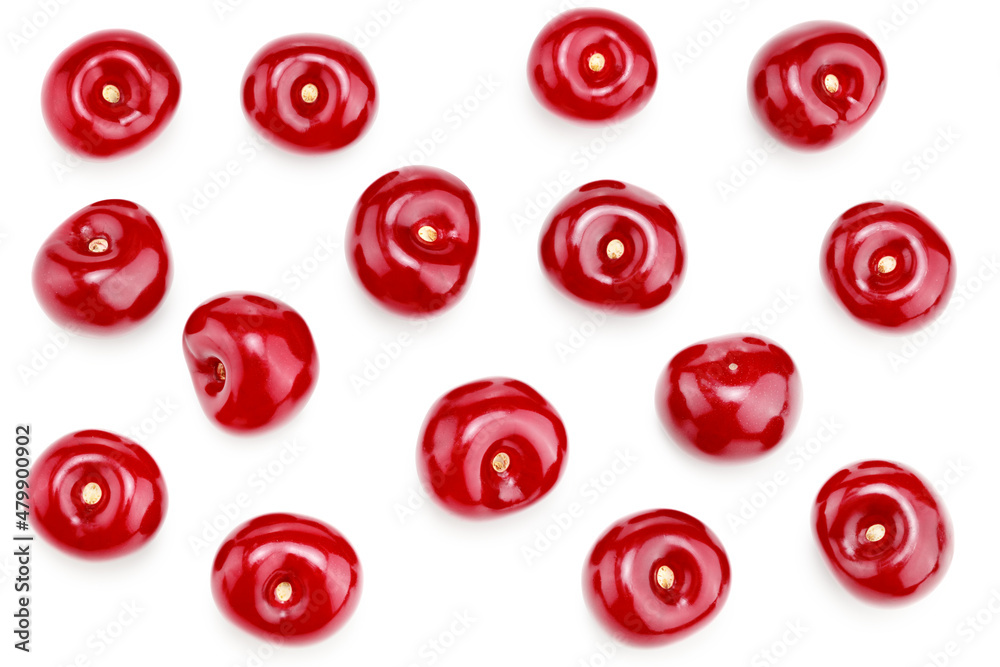 red cherry isolated on white background. clipping path. top view red cherry isolated on white background. clipping path. top view