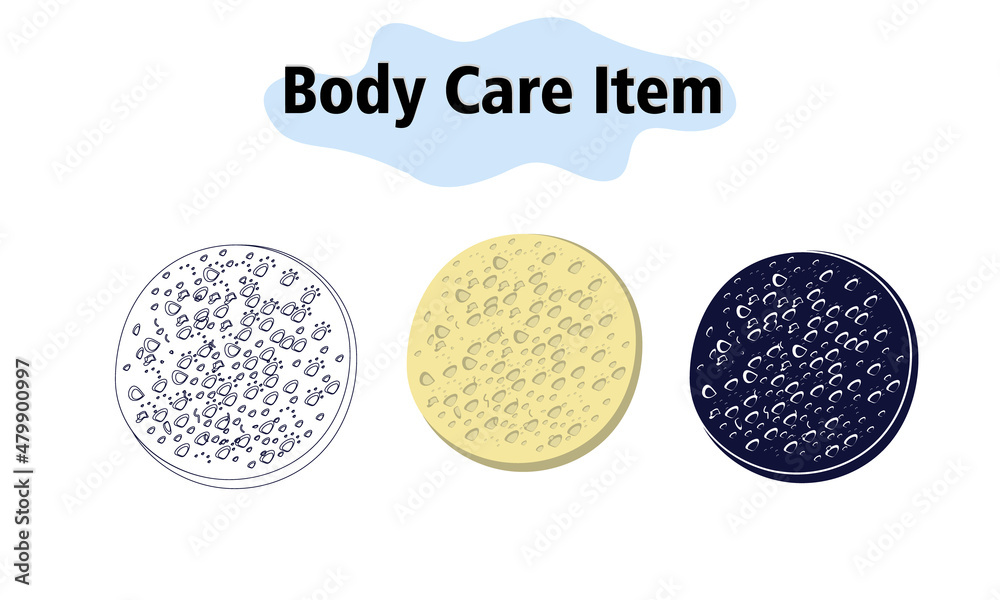 Sponge for removing makeup and washing. Facial skin massage with a sponge. Self-care. In color, solid and linear style. Vector illustration. Sponge for removing makeup and washing. Facial skin massage with a sponge. Self-care. In color, solid and linear style. Vector illustration.