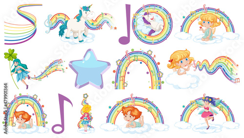 Set of fantasy fairies and cupids with rainbow elements