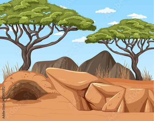 Desert landscape with trees and animals burrow