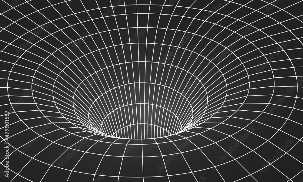 Wormhole geometric grid wireframe tunnel flat style design vector illustration. Abstract futuristic time travel wormhole tunnel science 3d surface concept grid.