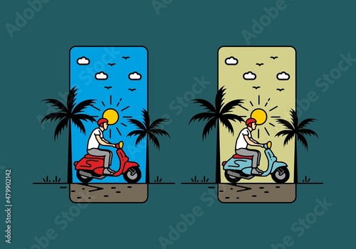 Riding scooter line art illustration