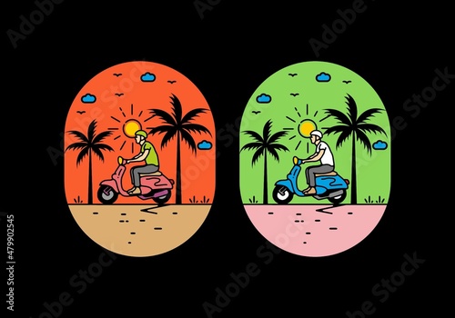 Riding scooter line art illustration