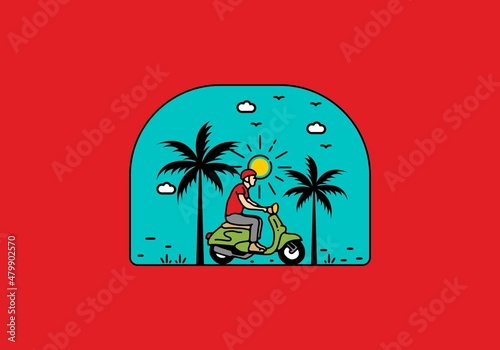 Riding scooter line art illustration