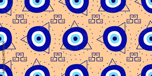 Greek eye Turkish amulet seamless pattern. Turkish eye blue for amulet and protection in endless pattern. Vector illustration in a flat style