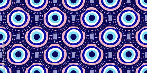 Greek eye Turkish amulet seamless pattern. Turkish eye blue for amulet and protection in endless pattern. Vector illustration in a flat style
