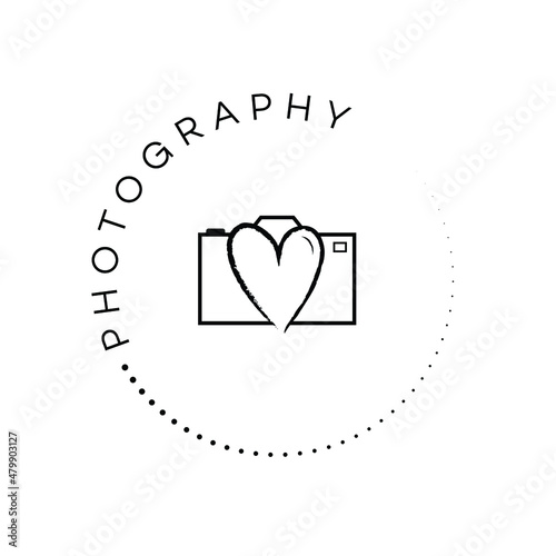 Black photography stamp logo on a white coloured background. Wedding photographer logo. With love camera icon. Romantic logo design. Hand drawn stamp icon.