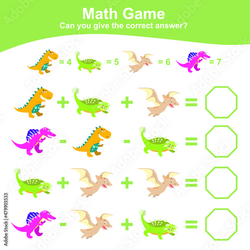 Dinosaurs theme Math Game for Preschool. Dinosaurs math worksheet. Educational printable math worksheet. Additional and subtraction math for kids. Vector file. © idcreative.ddid