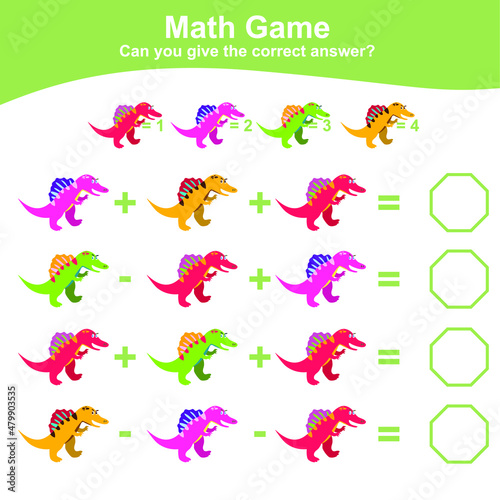 Dinosaurs theme Math Game for Preschool. Dinosaurs math worksheet. Educational printable math worksheet. Additional and subtraction math for kids. Vector file.