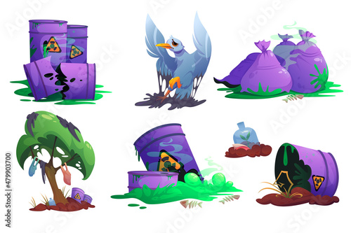 Environment contamination, nature pollution with plastic and toxic wastes. Sacks with trash, bird in oil, garbage hanging on tree, barrels with poisonous liquid, Cartoon vector illustration, icons set photo