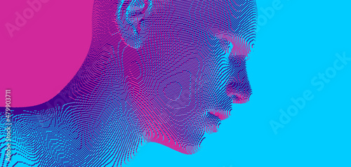 Abstract digital human head constructing from cubes. Minimalistic design for business presentations, flyers or posters. Technology and robotics concept. Voxel art. 3D vector illustration.