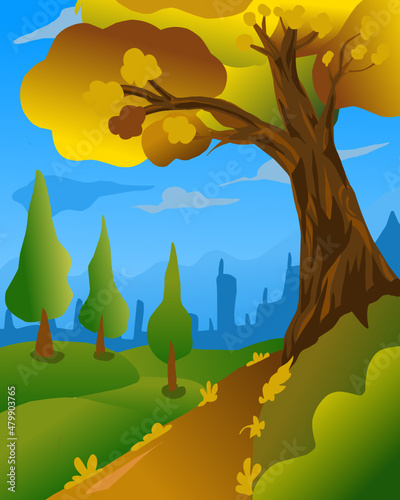 Autumn Landscape with Cartoon Tree and Hills