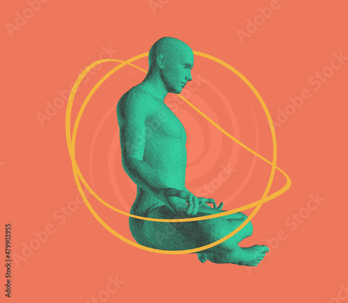 Relaxed man sits in lotos posture. Time for yoga, meditation or relaxation. Healthy lifestyle. 3D model of man. Vector illustration for logo, banner, flyer, poster, cover or brochure.