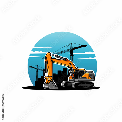 excavator - heavy equipment construction with buildings and cranes background illustration