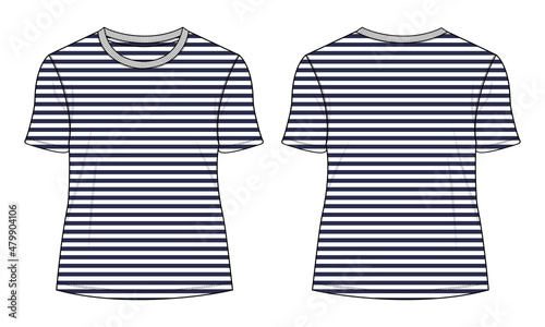 Cotton jersey regular fit basic T-shirt technical fashion Sketch vector illustration with crew neck short sleeves vertical stripe all over print. Flat apparel top mock up CAD.