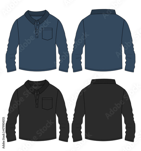 Long Sleeve Polo shirt With Pocket technical fashion flat sketch vector template. Navy blue, Black  color mock up isolated on white background.