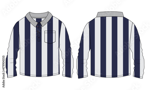 Long Sleeve polo shirt With Yarn dye Stripe   Technical Fashion Flat sketch Vector Illustration Template Front And Back views. Apparel clothing Design Mock up CAD. 